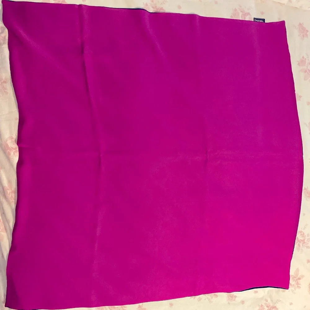 Vintage Double Sided Chanel Silk Scarf. Black reverses to magenta.